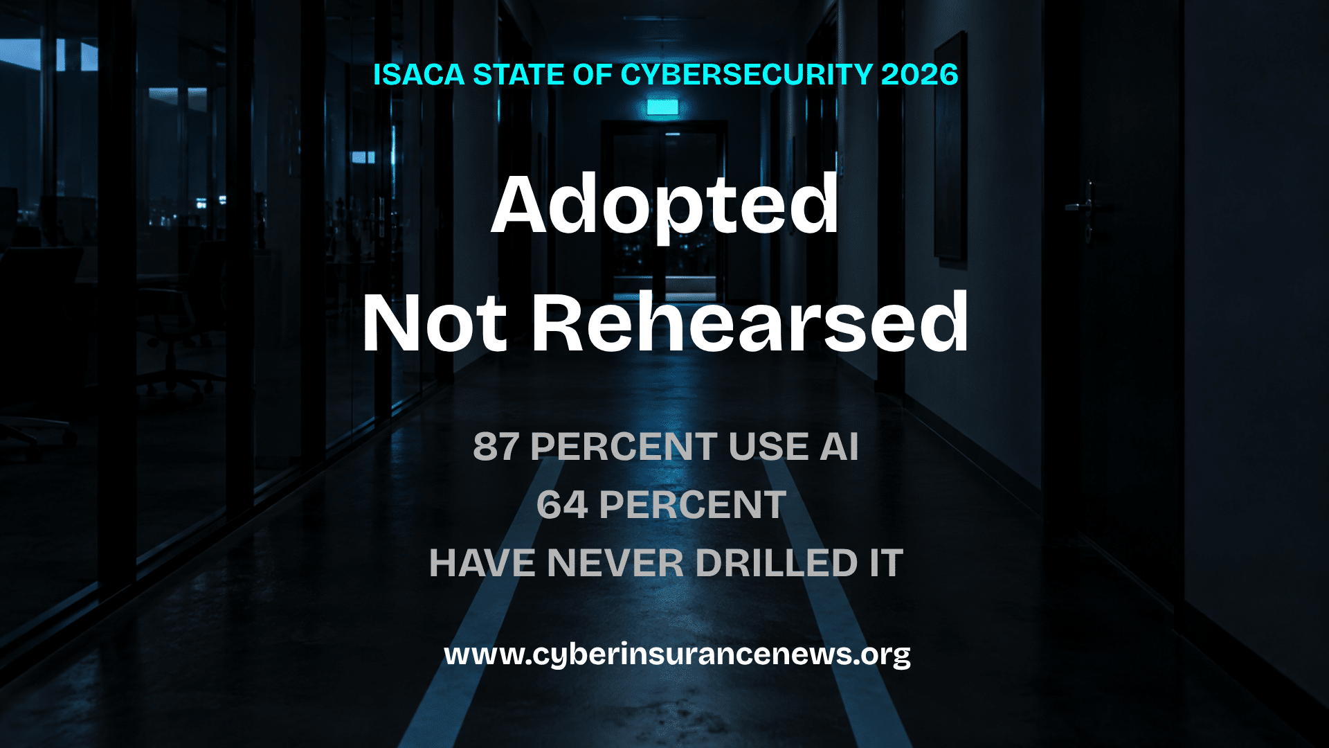 Cyber Insurance News story on AI incident response showing a dark corridor with an exit sign and floor markings that stop short of the door