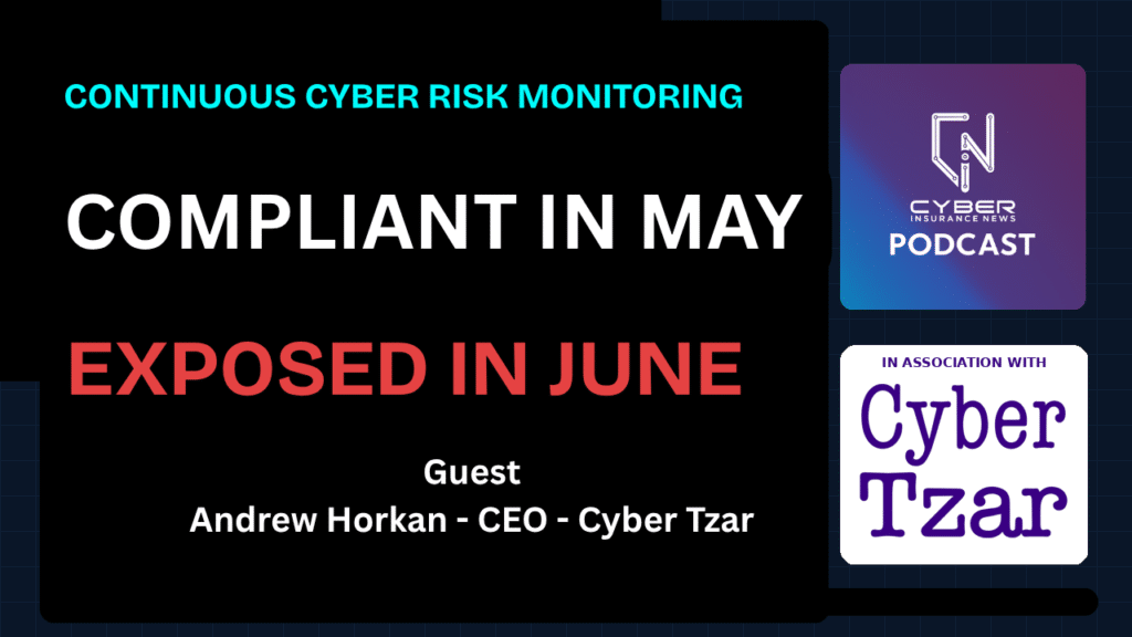 Cyber Insurance News podcast thumbnail on continuous cyber risk monitoring reading compliant in May, exposed in June, with Andrew Horkan, CEO of Cyber Tzar, in association with Cyber Tzar