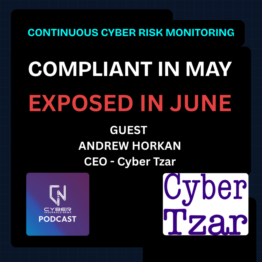 Cyber Insurance News podcast thumbnail on continuous cyber risk monitoring reading compliant in May, exposed in June, with Andrew Horkan, CEO of Cyber Tzar, in association with Cyber Tzar