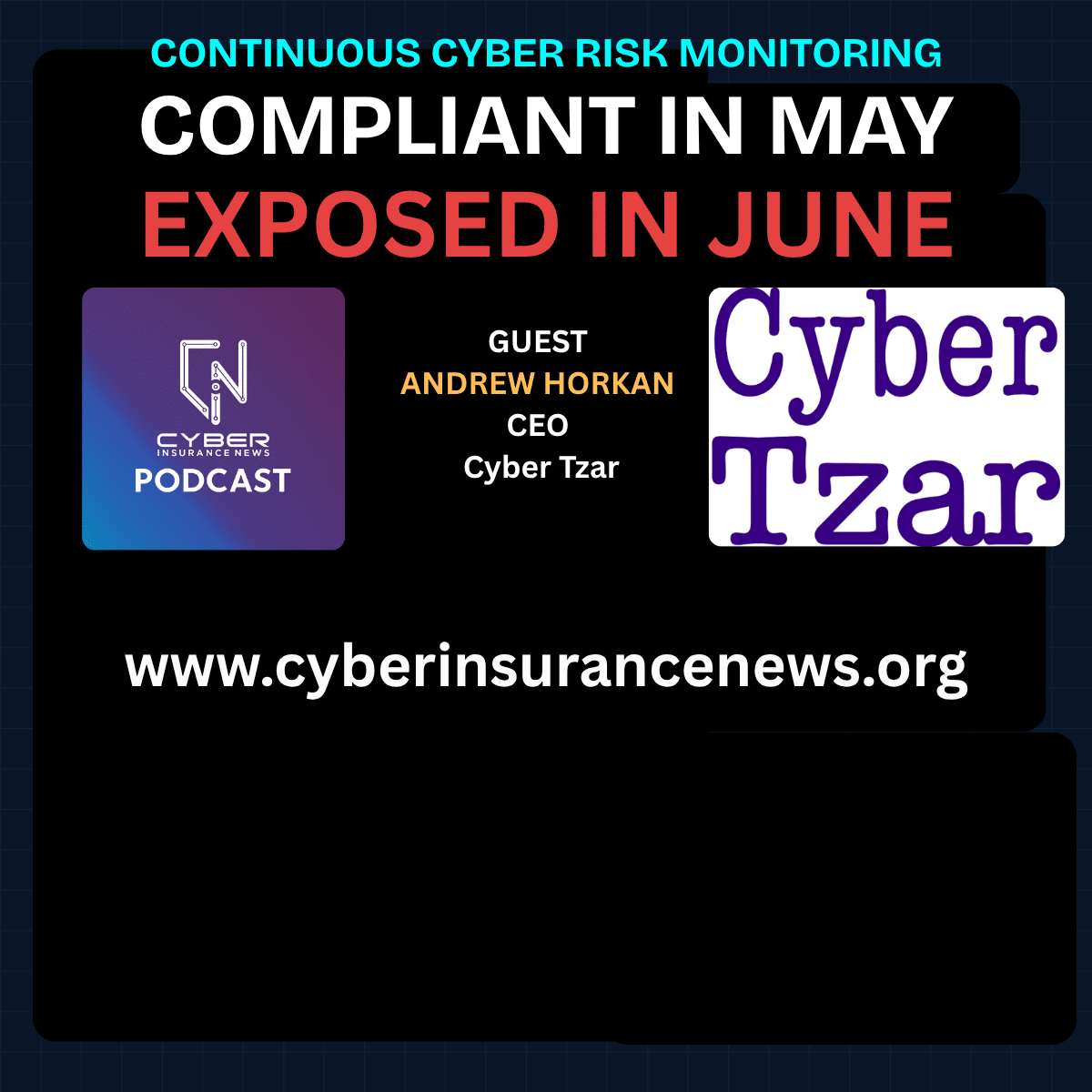 Cyber Insurance News podcast thumbnail on continuous cyber risk monitoring reading compliant in May, exposed in June, with Andrew Horkan, CEO of Cyber Tzar, in association with Cyber Tzar