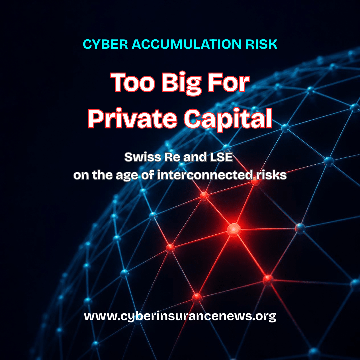 Cyber Insurance News story on cyber accumulation risk showing a glowing network with one red node spreading through its links