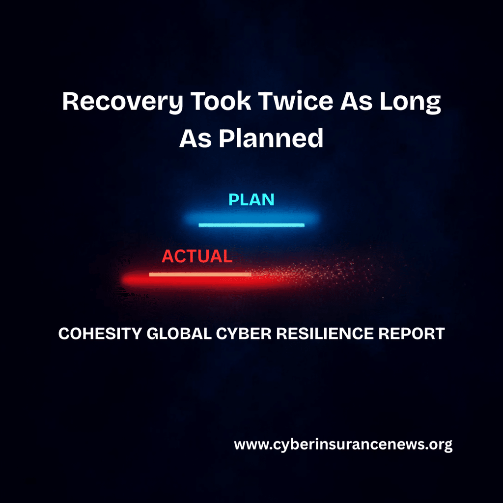 Two horizontal bars on a dark field, a short cyan bar labelled plan above a red bar twice as long labelled actual, illustrating cyber recovery exceeding recovery time objectives and clarity about what their minimum viable company is. Cyber Insurance News article on cyber recovery planning.