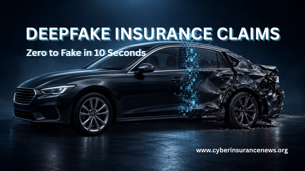 Photorealistic car pristine at the front and crumpled at the rear, with the transition breaking into cyan digital fragments, illustrating fabricated evidence in deepfake insurance claims. cyber insuance news article