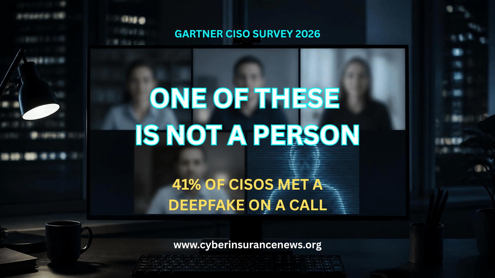 Cyber Insurance News story on deepfake social engineering showing a video call grid with one tile dissolving into digital lines.