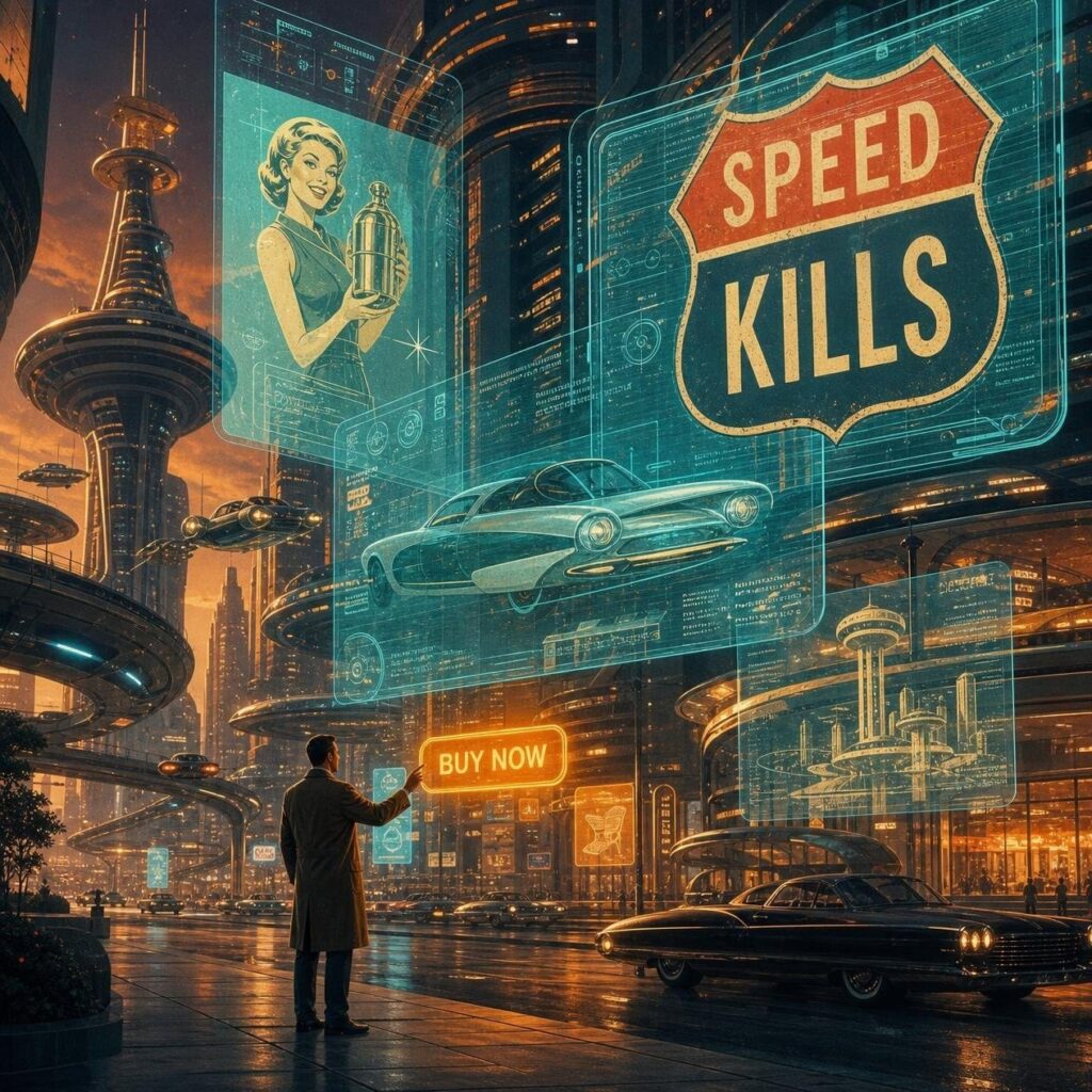 Retro futuristic city where a man reaches for a glowing Buy Now button beneath a Speed Kills road sign, illustrating social engineering losses and frictionless design, opinion piece for cyber insurance news.
