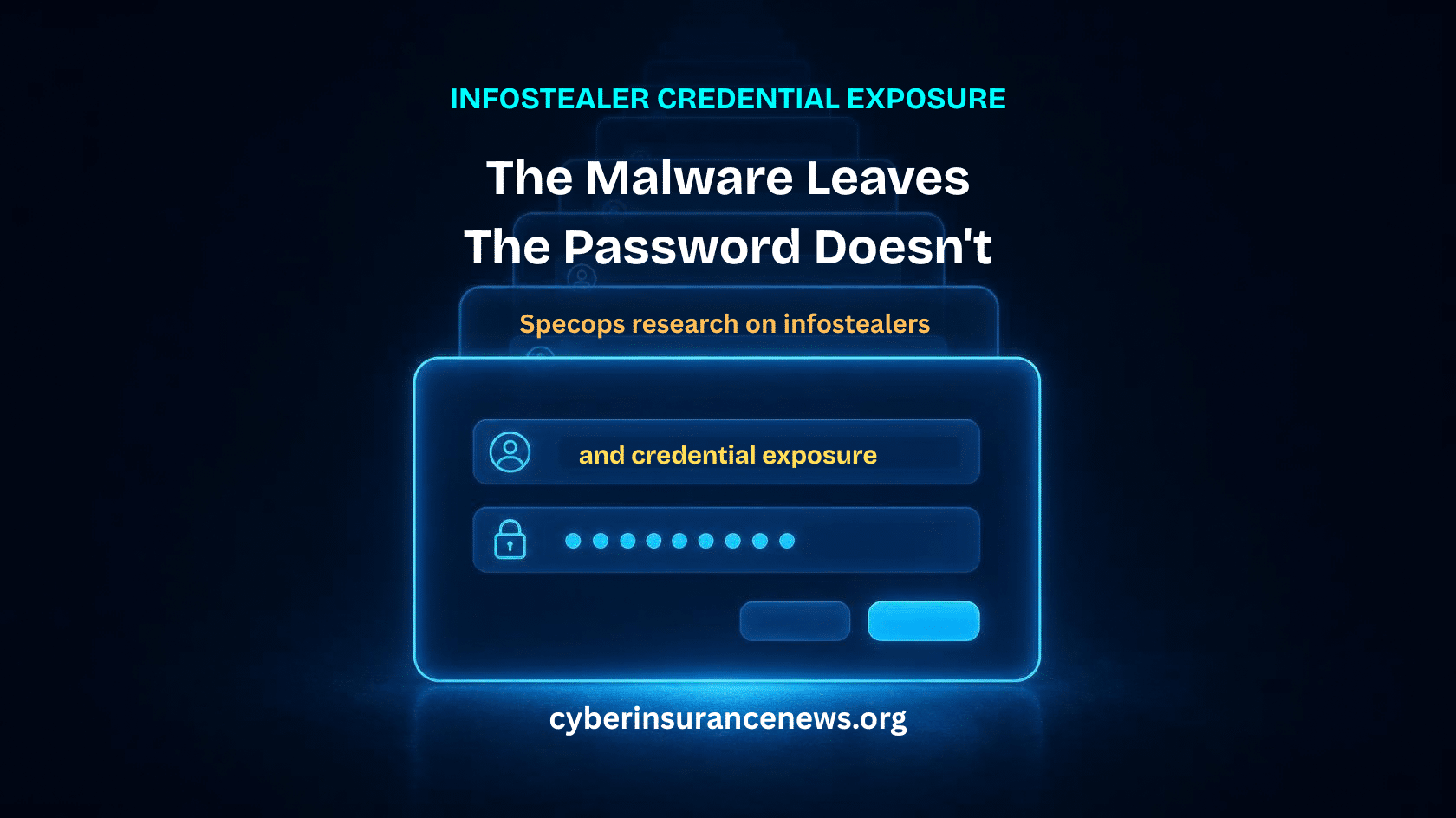 Cyber Insurance News story on infostealer credential exposure showing a password prompt echoing across time