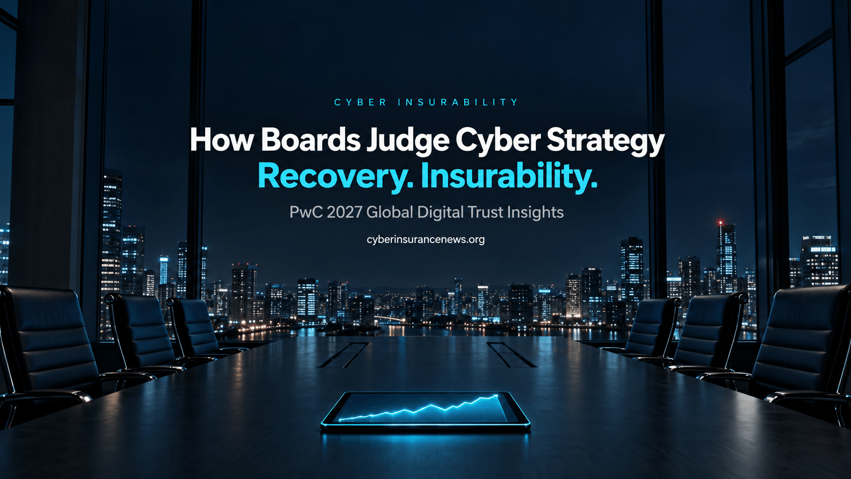 Cyber Insurance News story on cyber insurability showing an empty boardroom at night with a glowing tablet at the head of the table
