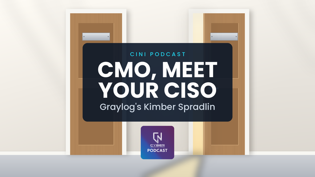 Cyber Insurance News & Information (CINI) podcast on marketing data security with Graylog CMO Kimber Spradlin, titled CMO Meet Your CISO, over two office doors with blank nameplates, one open a crack with daylight spilling out