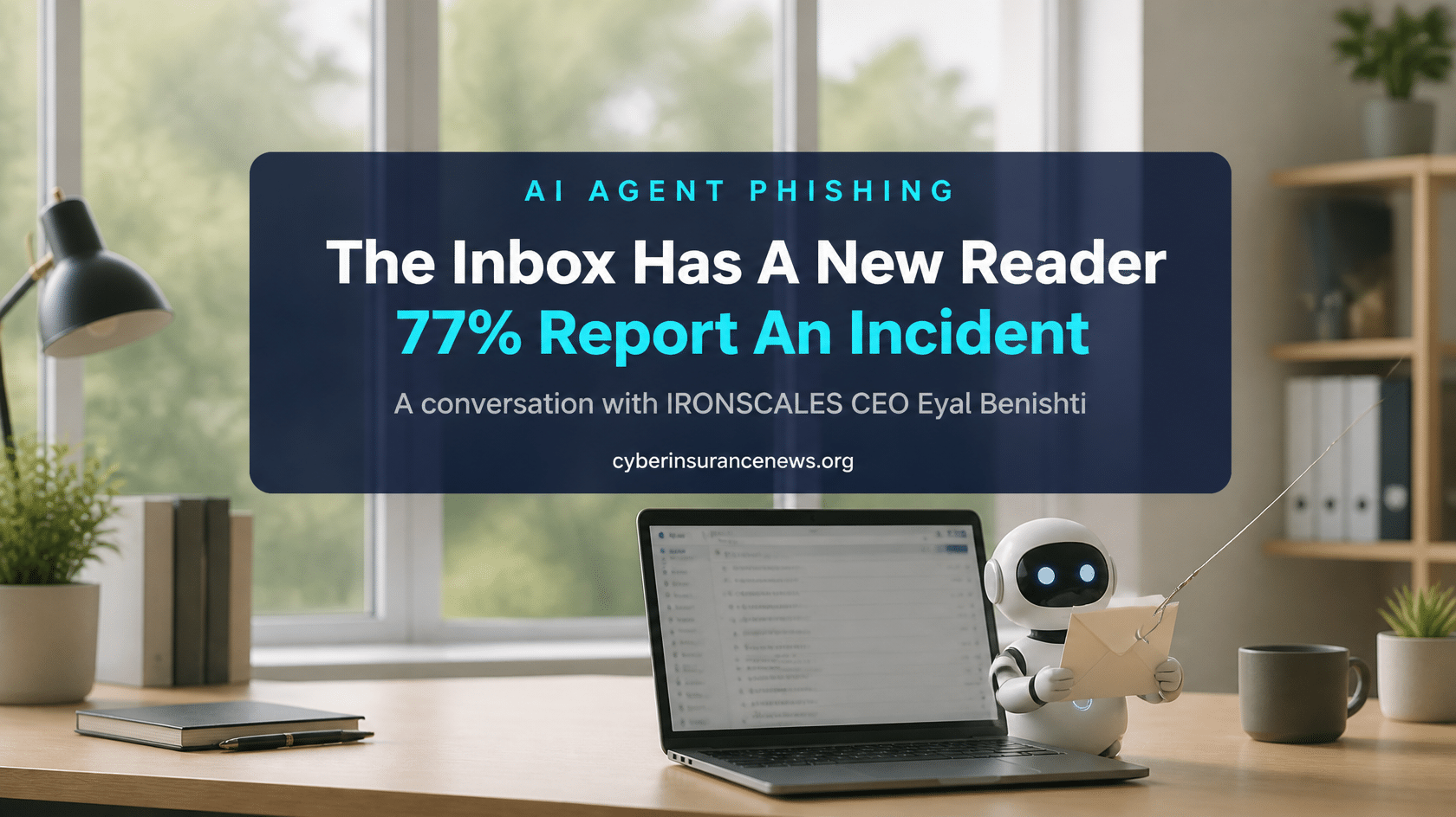 Cyber Insurance News story on AI agent phishing showing a small desk robot reading an opened envelope with a fishing hook trailing from it, beside a laptop inbox in daylight
