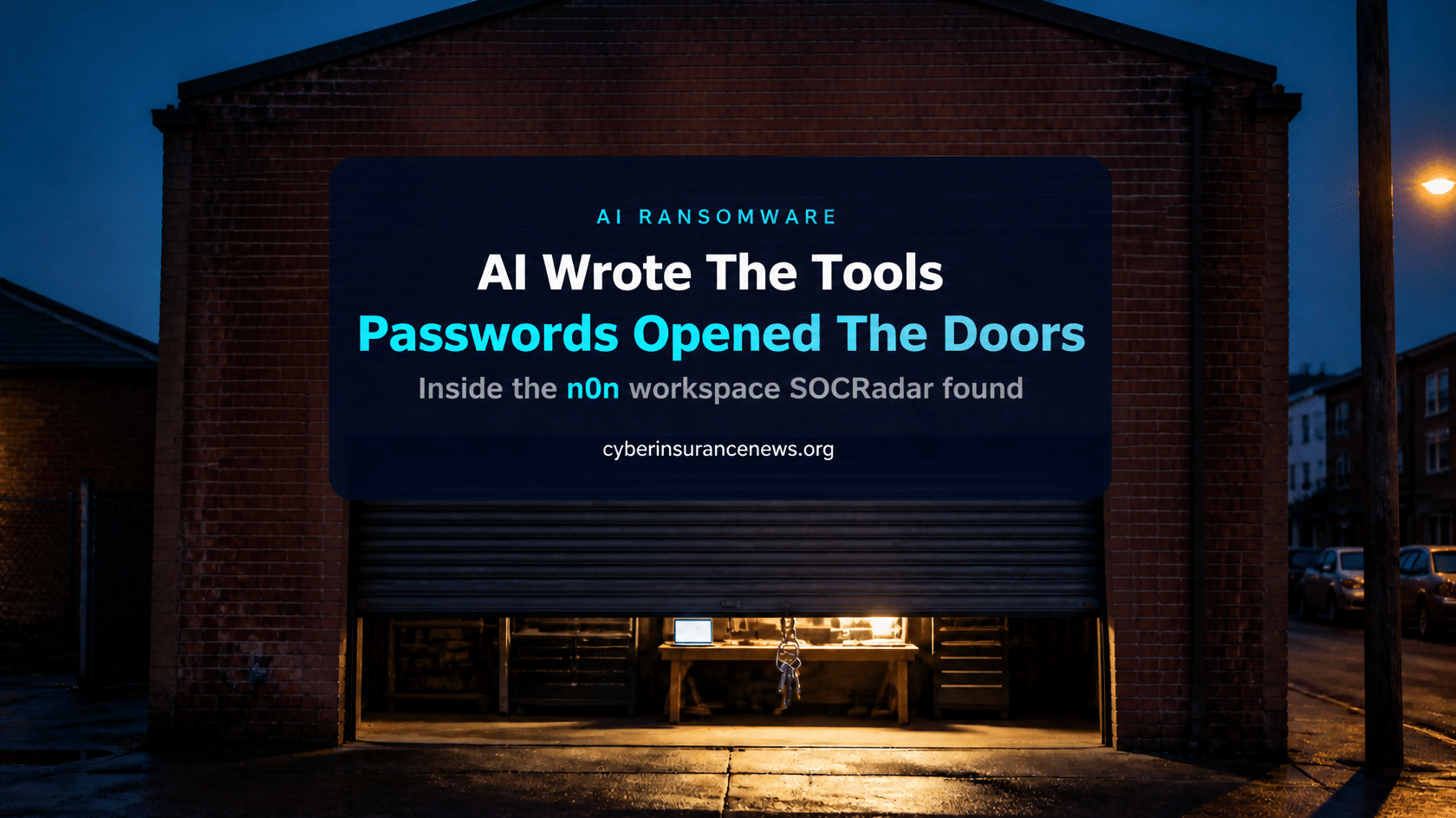 Cyber Insurance News story on AI ransomware showing a brick workshop at dusk, its roller door partly open with warm light spilling out and a ring of keys hanging from the lock