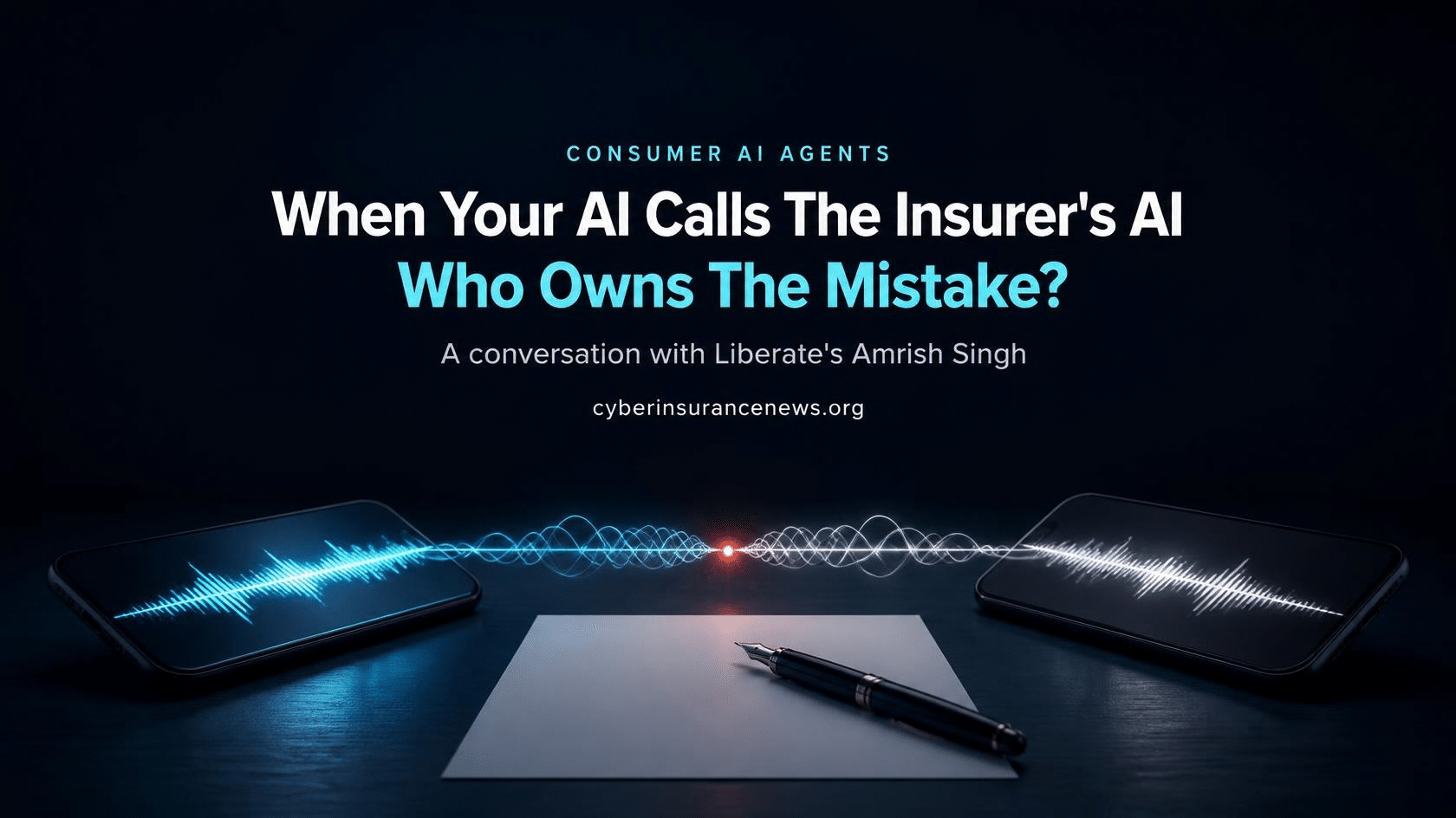 Cyber Insurance News conversation on consumer AI agents showing two smartphones exchanging voice waveforms above a policy document and pen