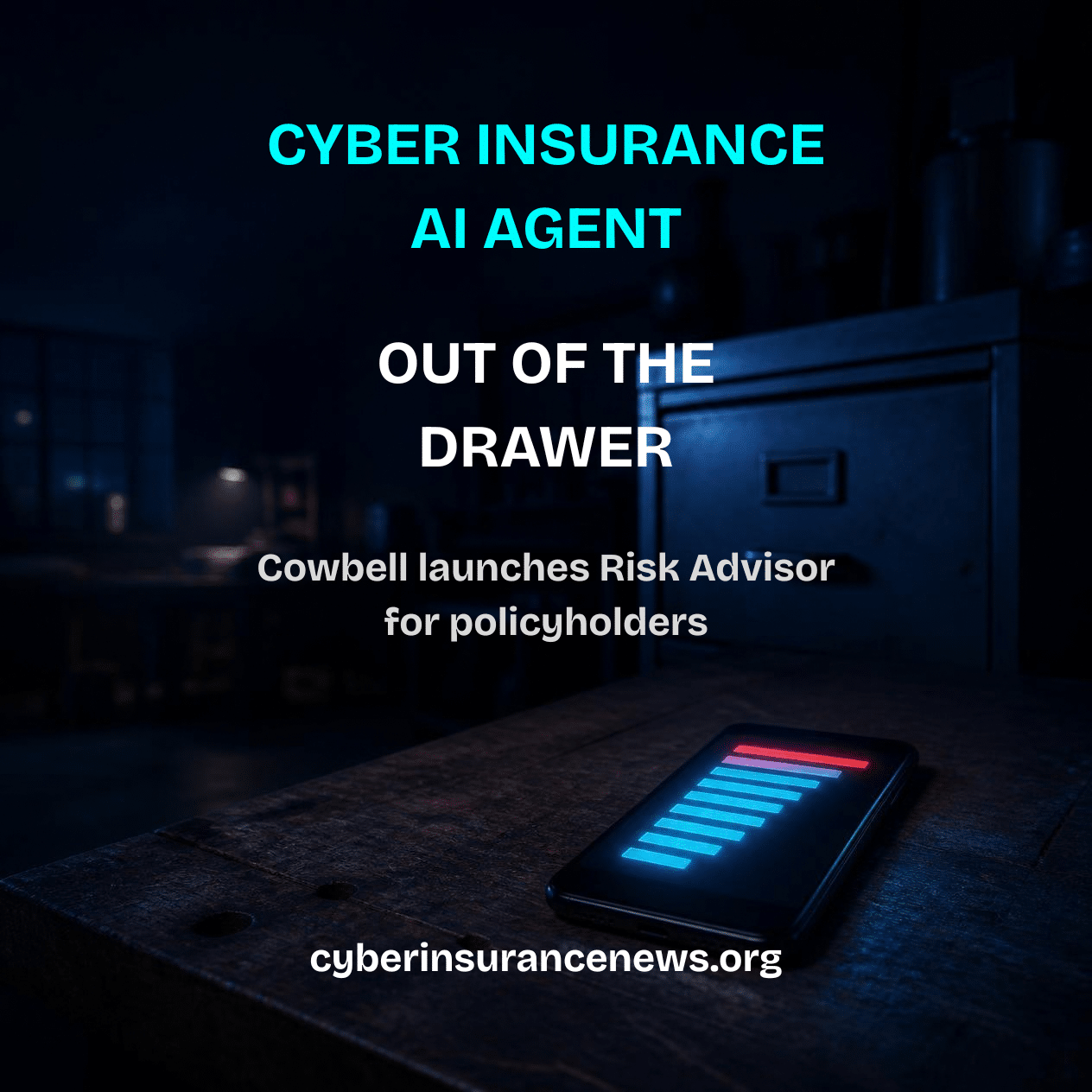 Cyber Insurance News story on a cyber insurance AI agent showing a phone on a workshop bench glowing with a ranked list of risk actions