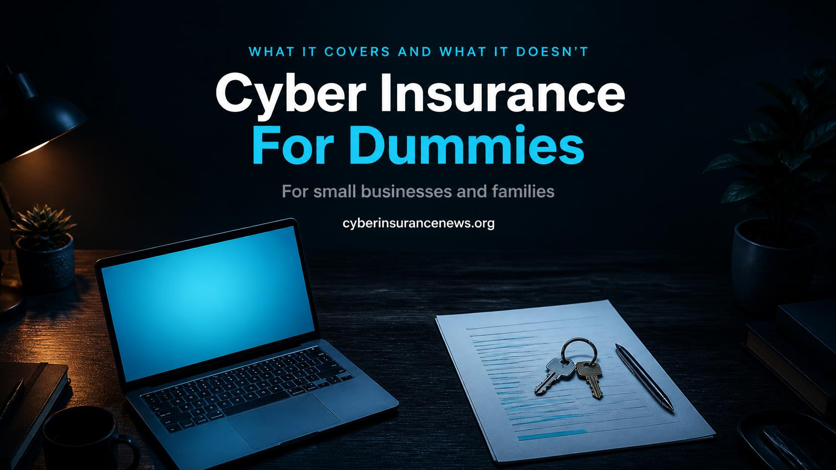 Cyber Insurance for Dummies guide for small businesses and families, showing a laptop, a highlighted policy document and a key ring with a shop key and a house key