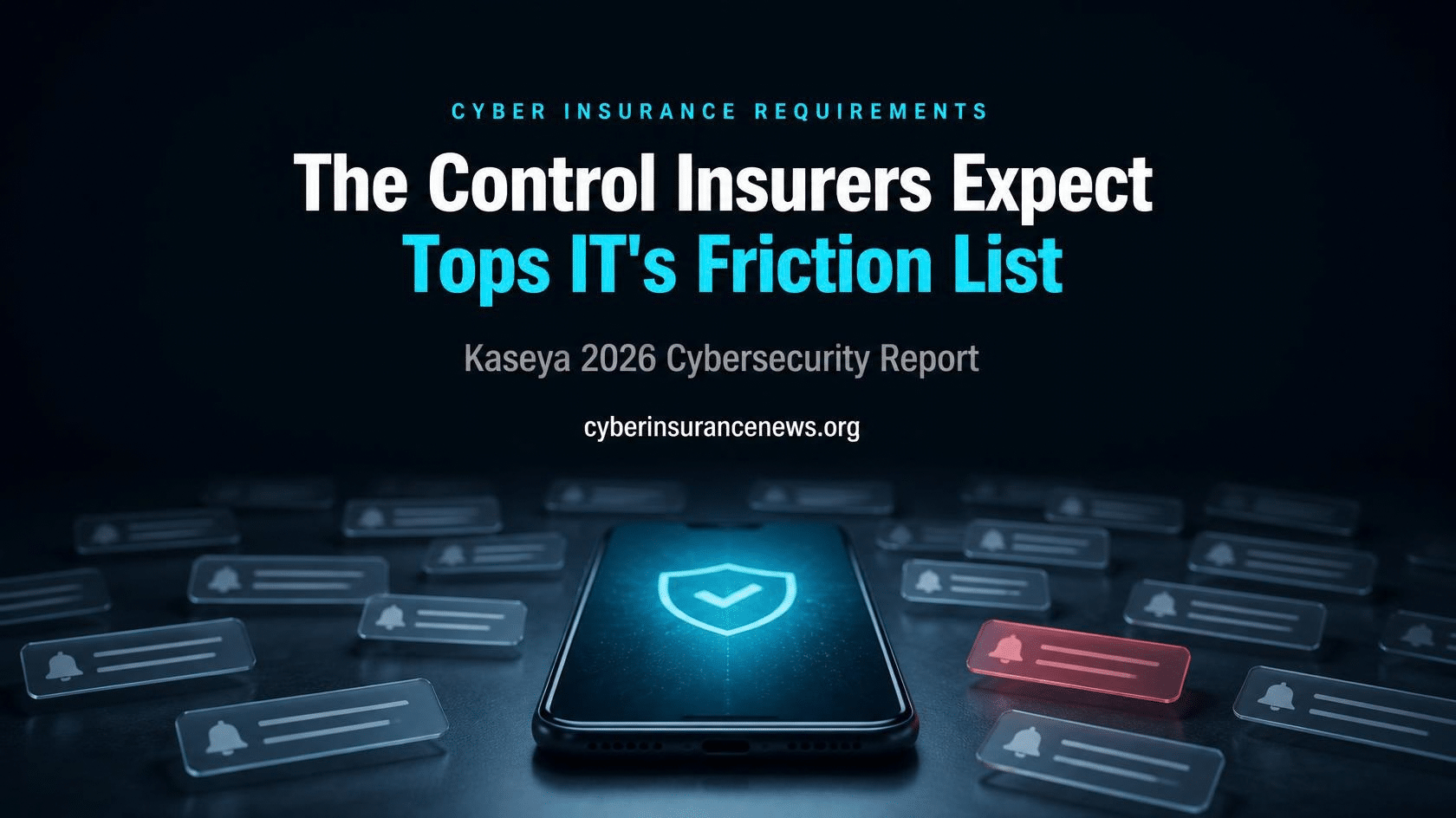 Cyber Insurance News story on cyber insurance requirements showing a smartphone with a glowing approval prompt surrounded by notification cards