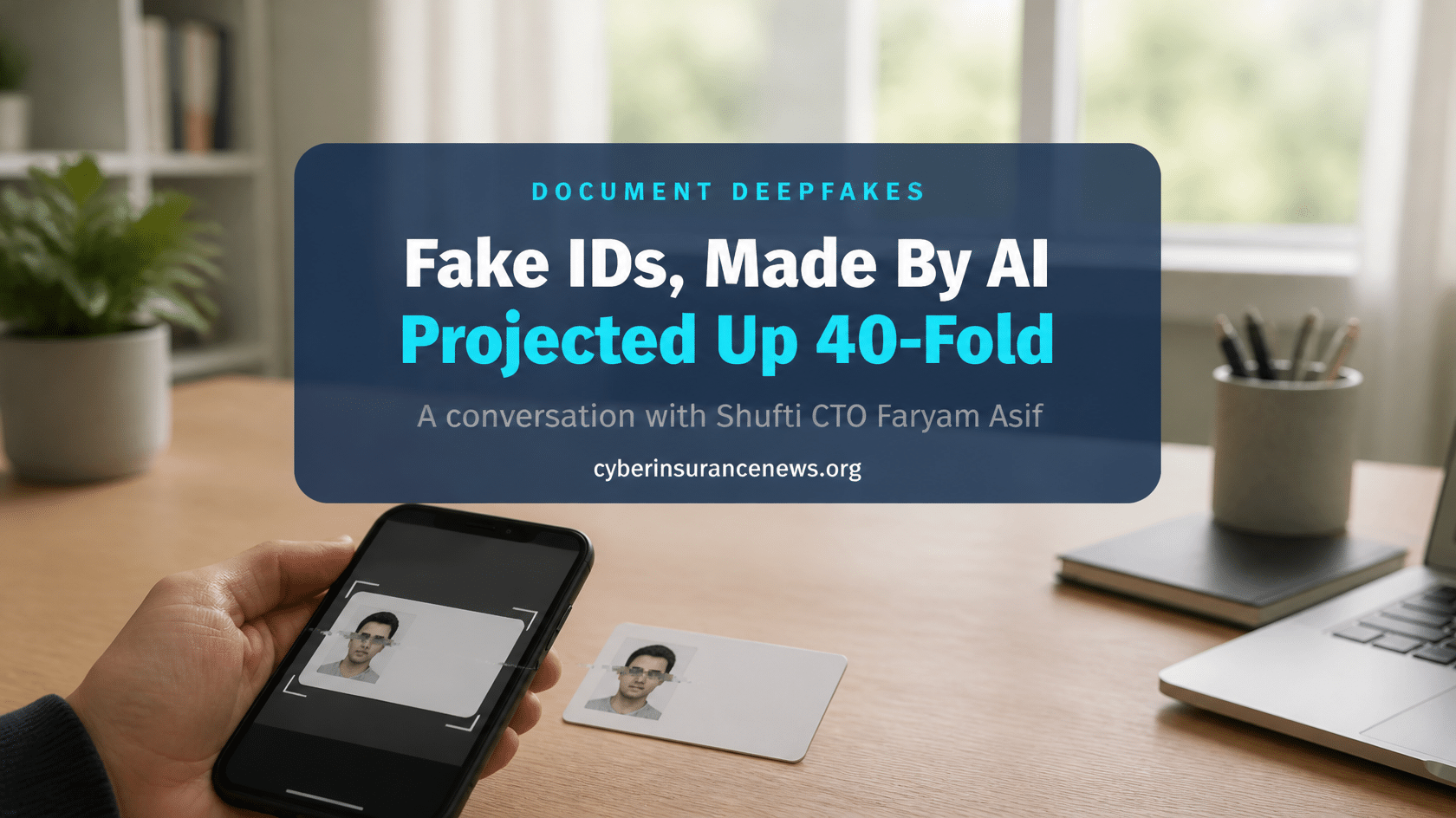 Cyber Insurance News conversation on document deepfakes showing a phone scanning a blank identity card with a faint digital seam across its photo.