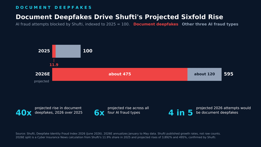 Chart showing document deepfakes rising from 11.9 to about 475 of Shufti's indexed AI fraud attempts, out of a projected total of 595 in 2026