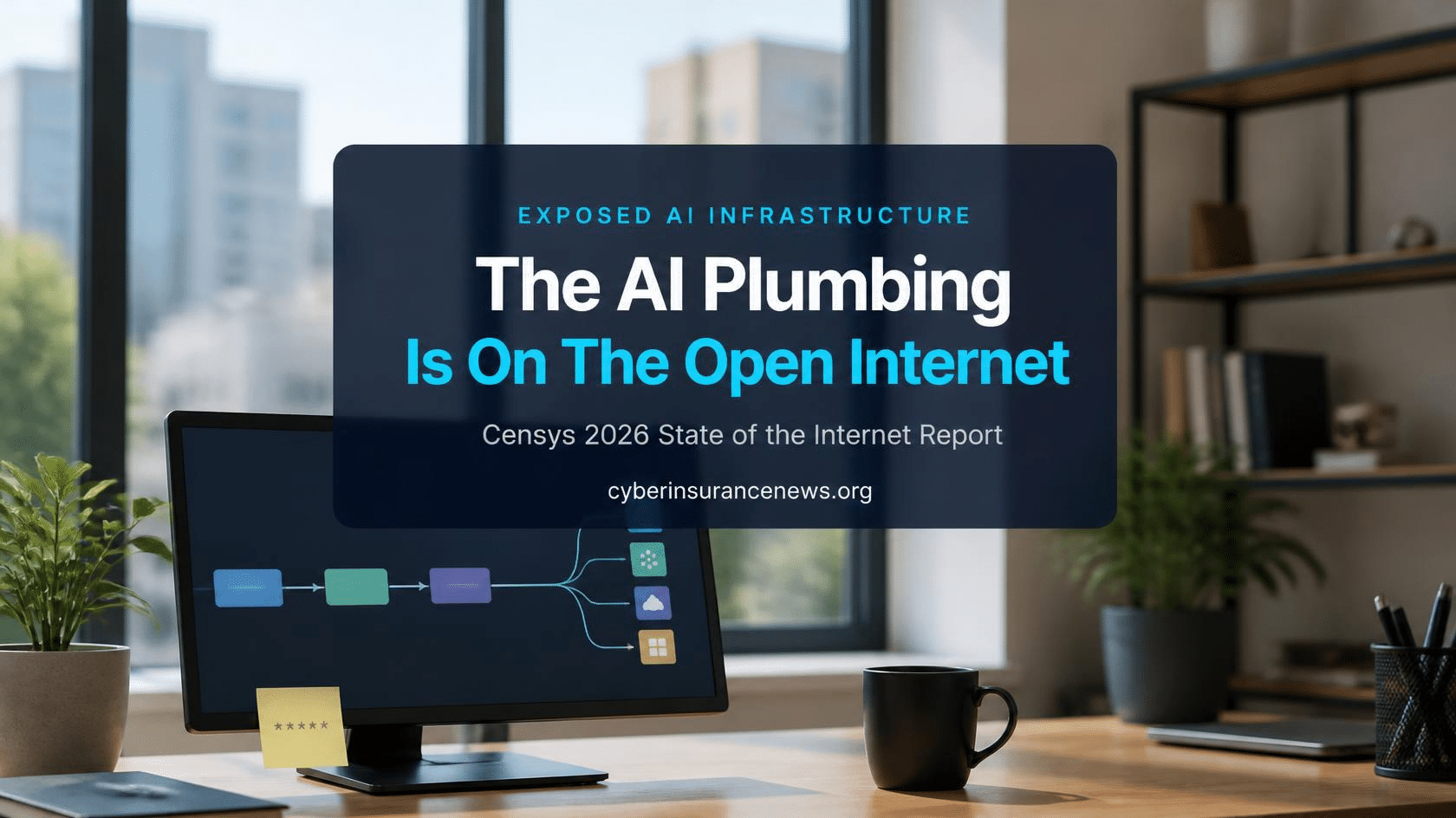 Cyber Insurance News report on exposed AI infrastructure showing an office monitor with an automation workflow and a sticky note holding a hidden password