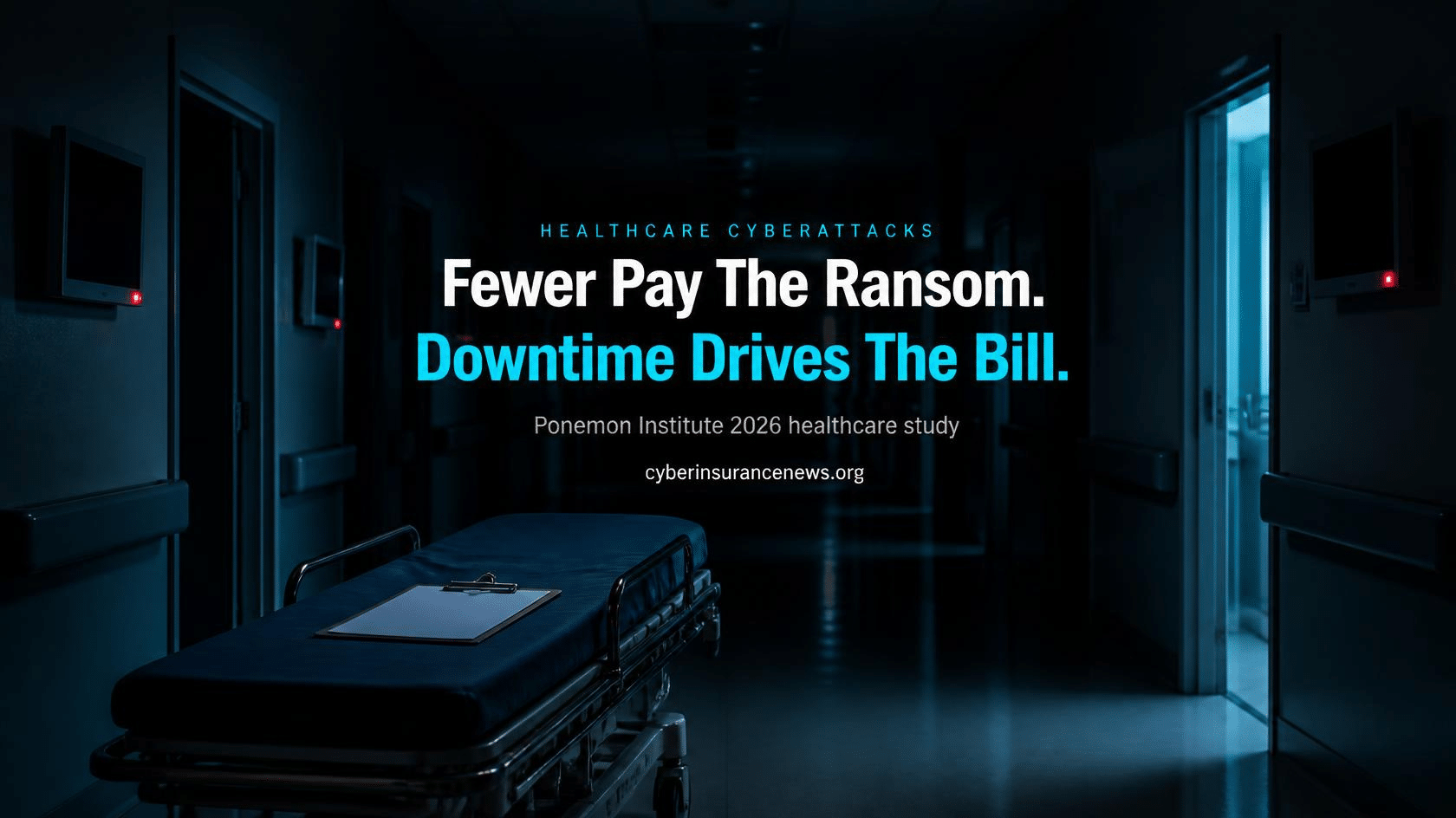 Cyber Insurance News report on healthcare cyberattacks showing a dark hospital corridor with blank monitors and an empty gurney