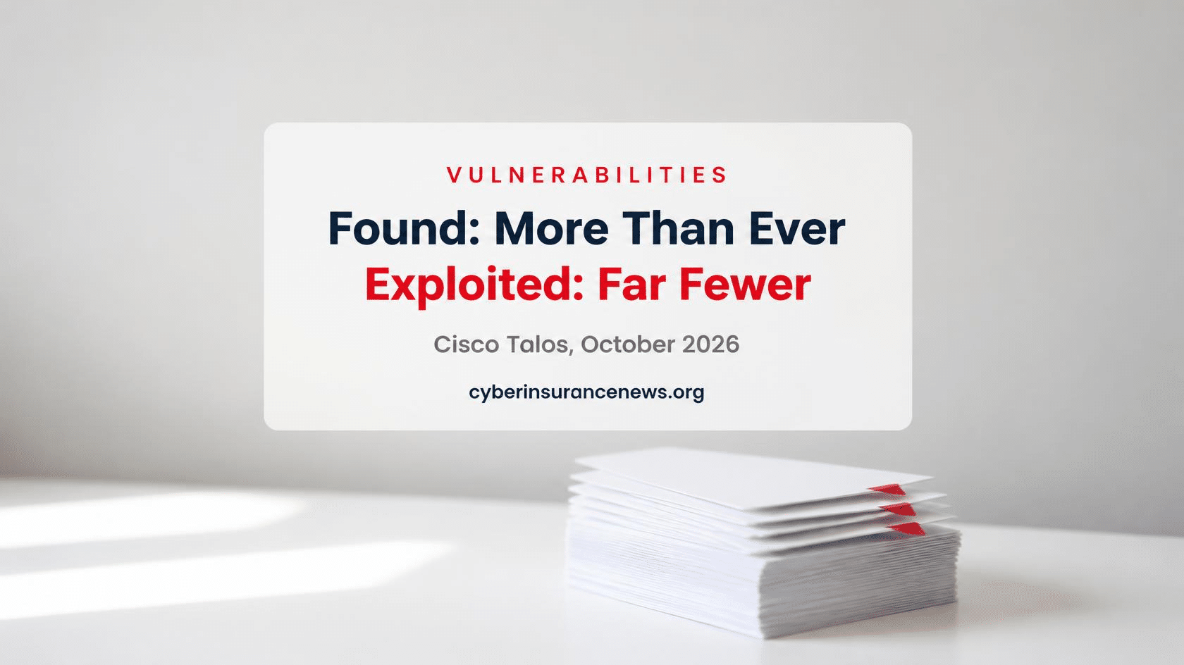 Cyber Insurance News report on vulnerability counts, showing a tall stack of white index cards with three flagged in red