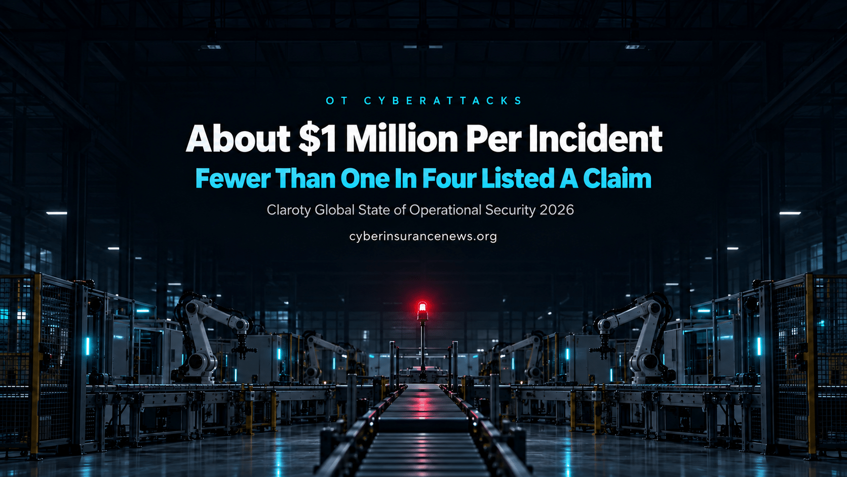 Cyber Insurance News story on OT cyberattacks showing a stopped factory production line at night under a red warning beacon