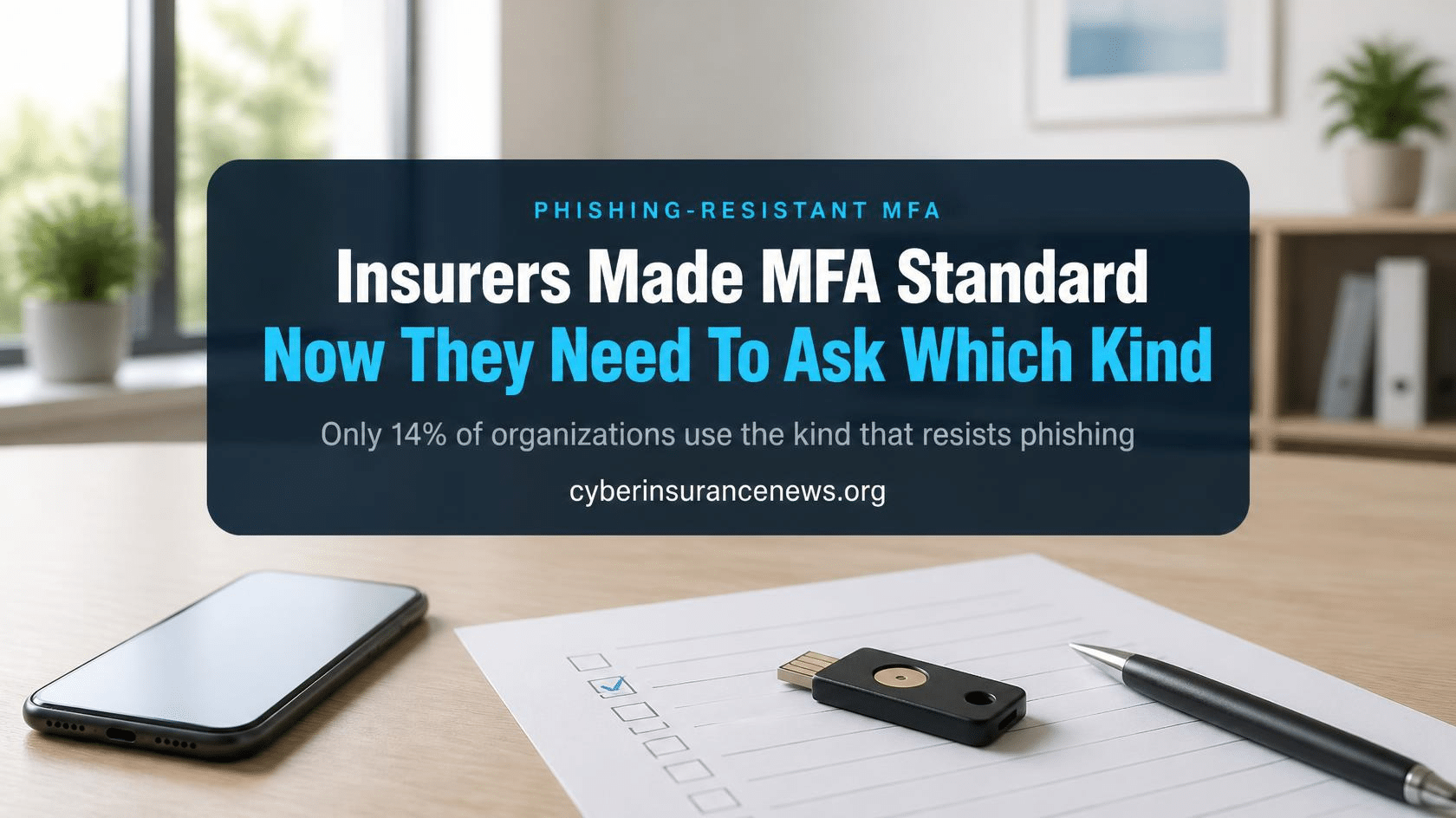 Cyber Insurance News report on phishing-resistant MFA showing a hardware security key resting on a ticked insurance application form on a sunlit desk