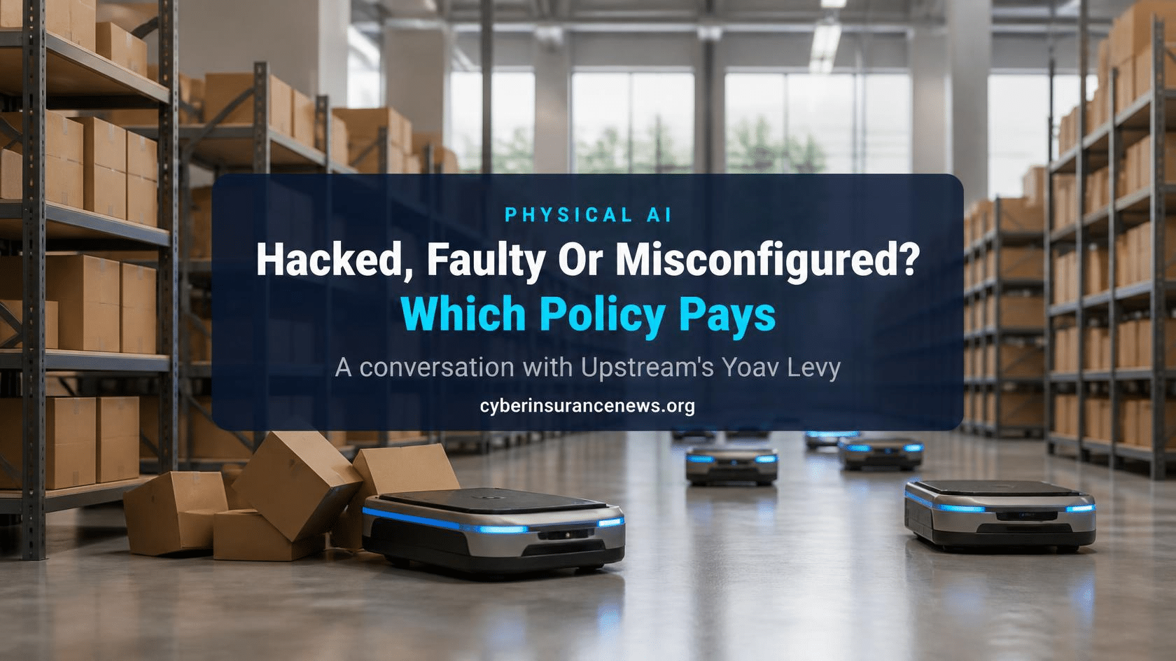Cyber Insurance News conversation on physical AI showing a warehouse robot stopped beside a toppled stack of boxes while others move in line