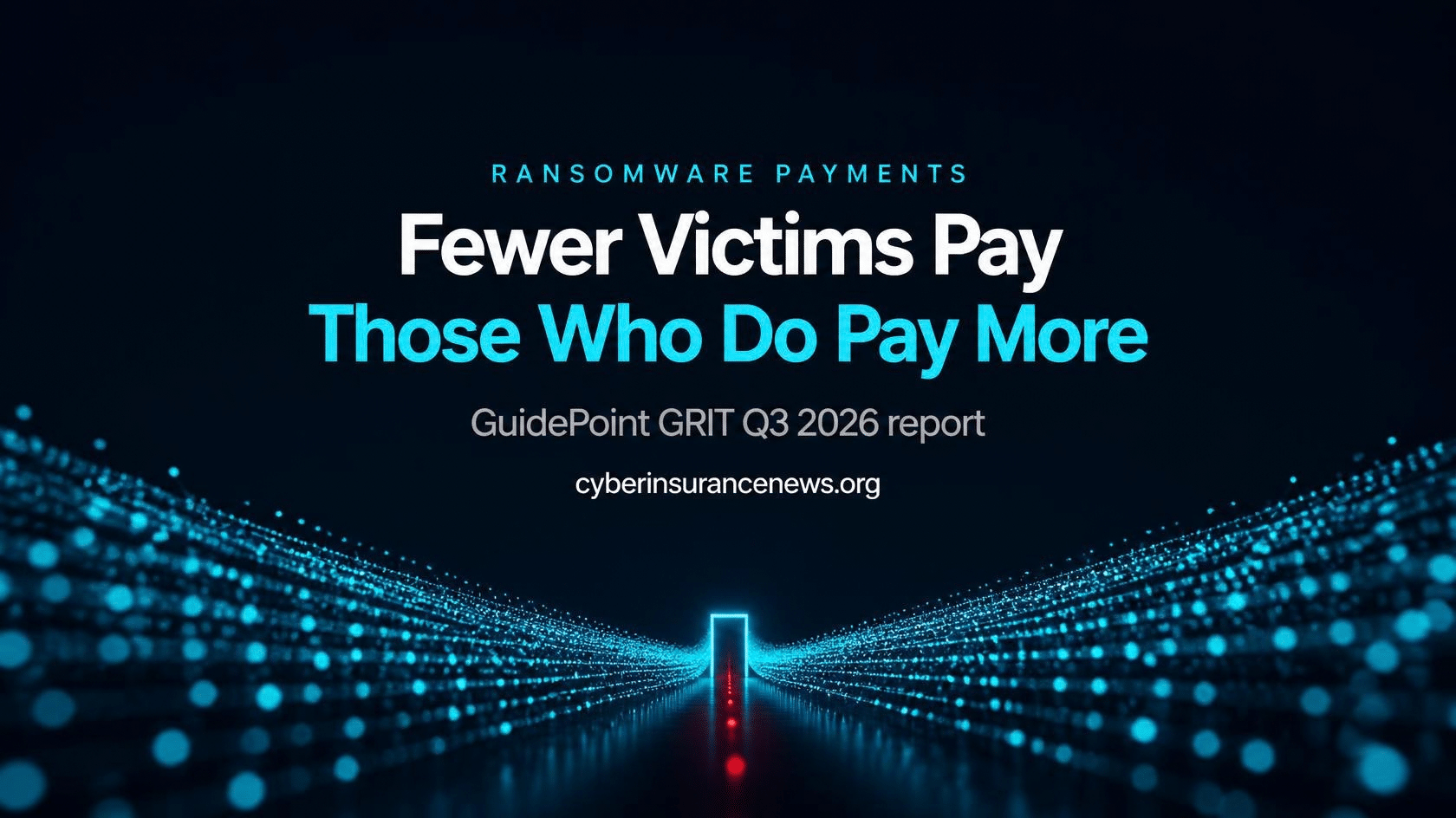 Cyber Insurance News story on ransomware payments showing a wide stream of lights narrowing to a gate where only a few pass through
