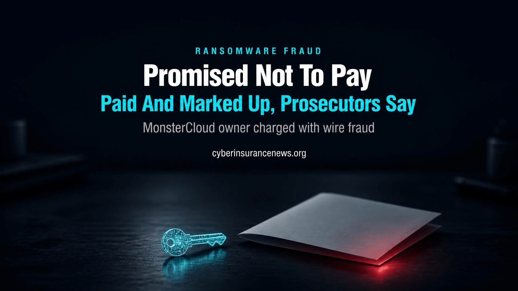 Cyber Insurance News story on a ransomware recovery firm fraud case showing a glowing digital key beside an invoice on a dark desk