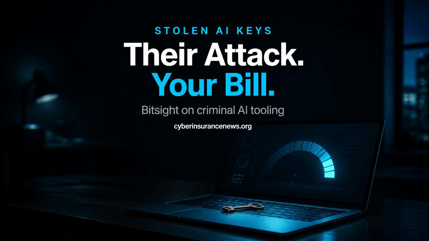 Cyber Insurance News report on stolen API keys showing a brass key resting on a laptop keyboard lit by a screen with a climbing usage meter