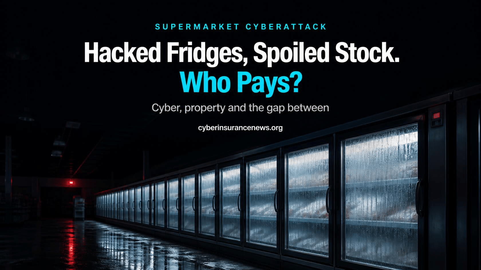 Cyber Insurance News report on the supermarket cyberattack showing fogged freezer doors in a dark aisle with a red temperature display