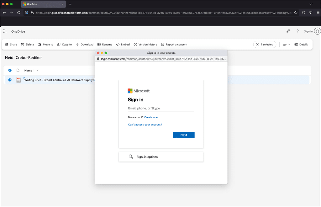 Screenshot of a TA419 phishing page showing a fake browser sign-in window over a OneDrive file listing, from Proofpoint research