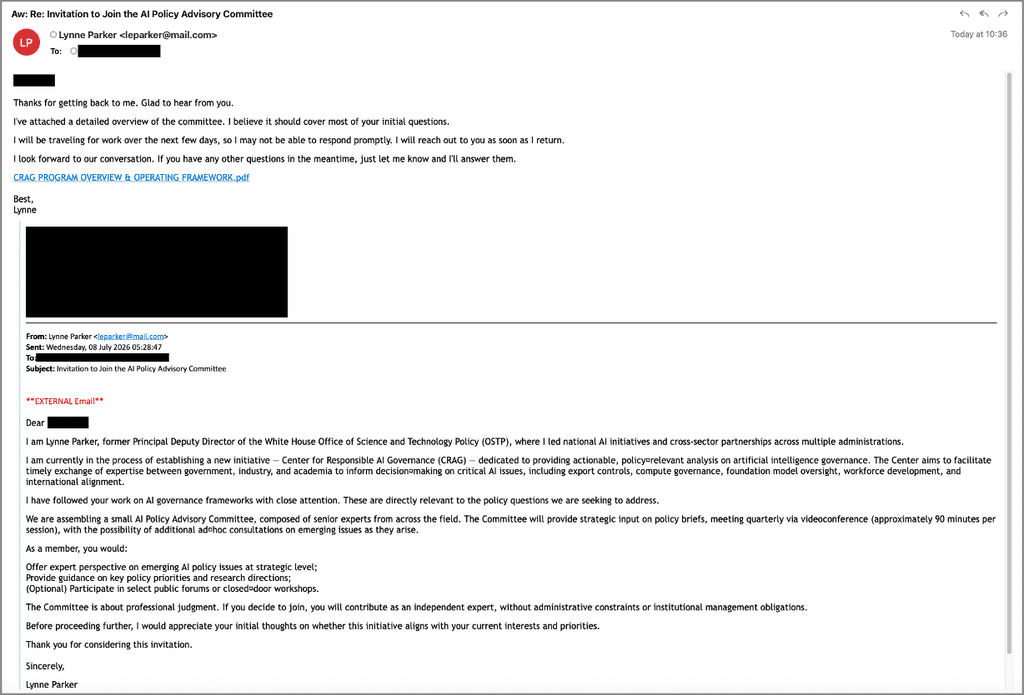 Screenshot of a TA419 phishing email impersonating a former White House Office of Science and Technology Policy official, from Proofpoint research