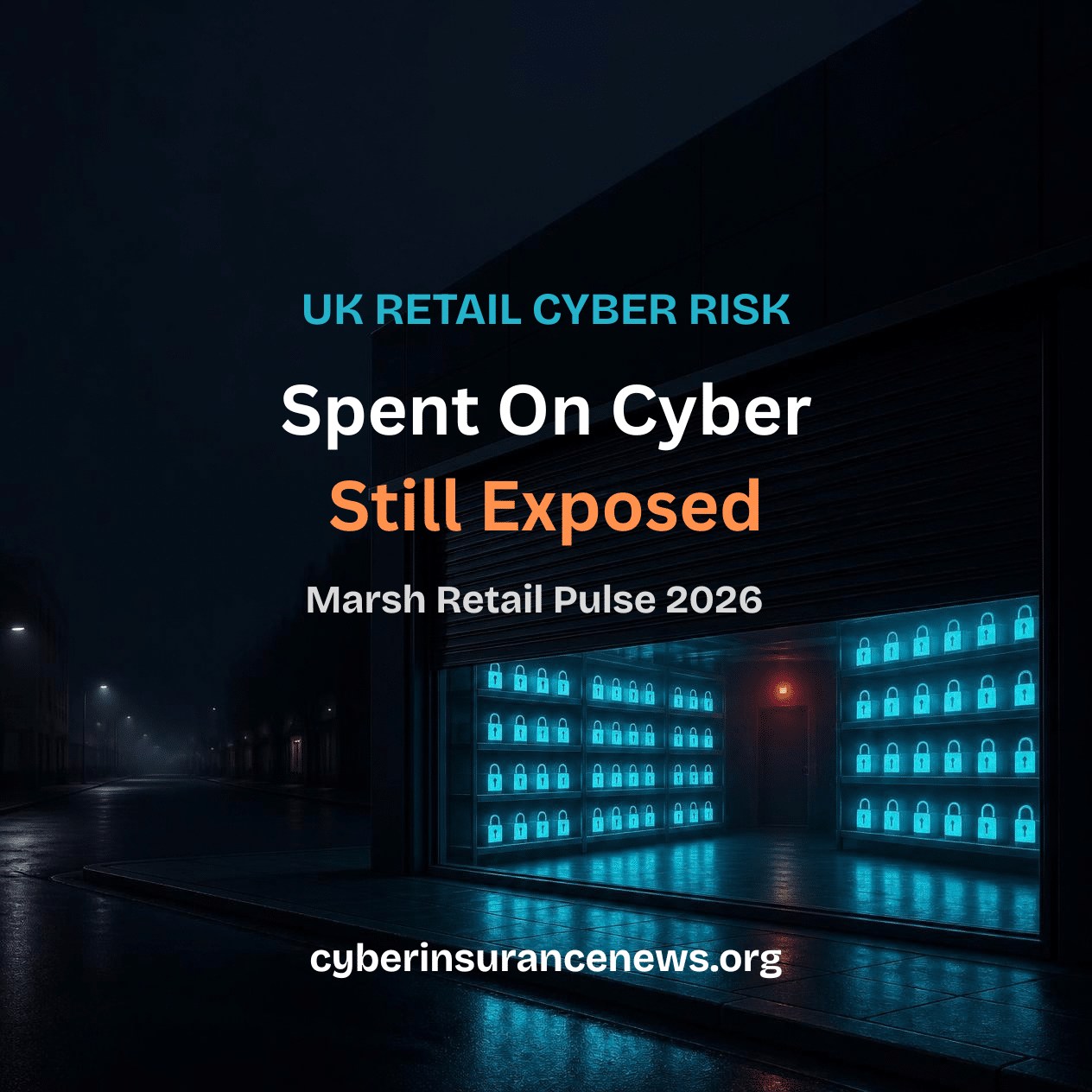 Cyber Insurance News story on UK retail cyber risk showing a shopfront at night with shelves of glowing padlocks behind a half-lowered shutter