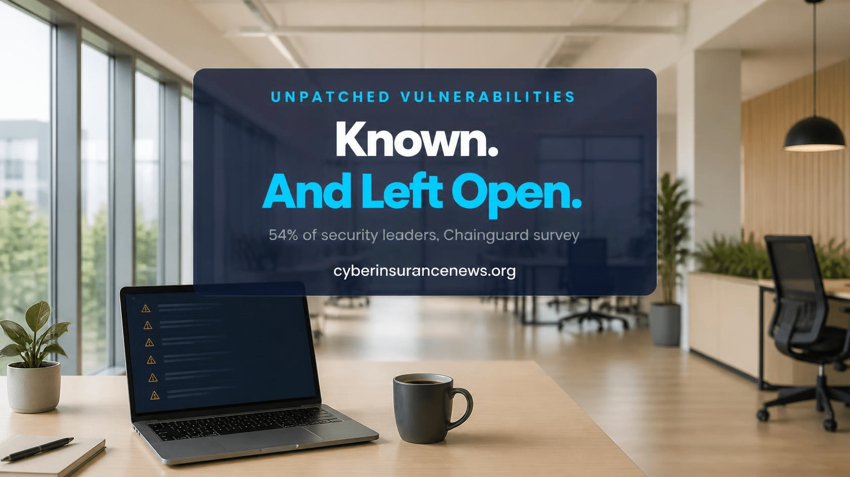 Cyber Insurance News report on unpatched vulnerabilities showing a laptop with a list of warning alerts on a desk in a bright office