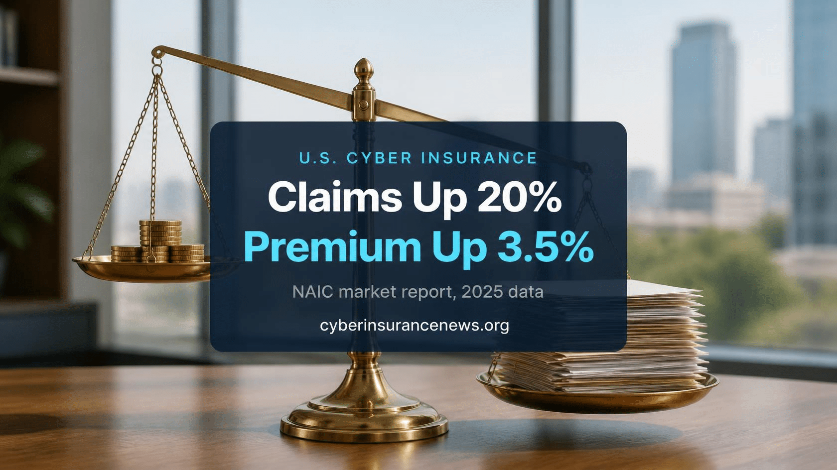 Cyber Insurance News report on the NAIC cyber insurance market report showing a brass balance scale tipped by a stack of claim files against a small pile of coins