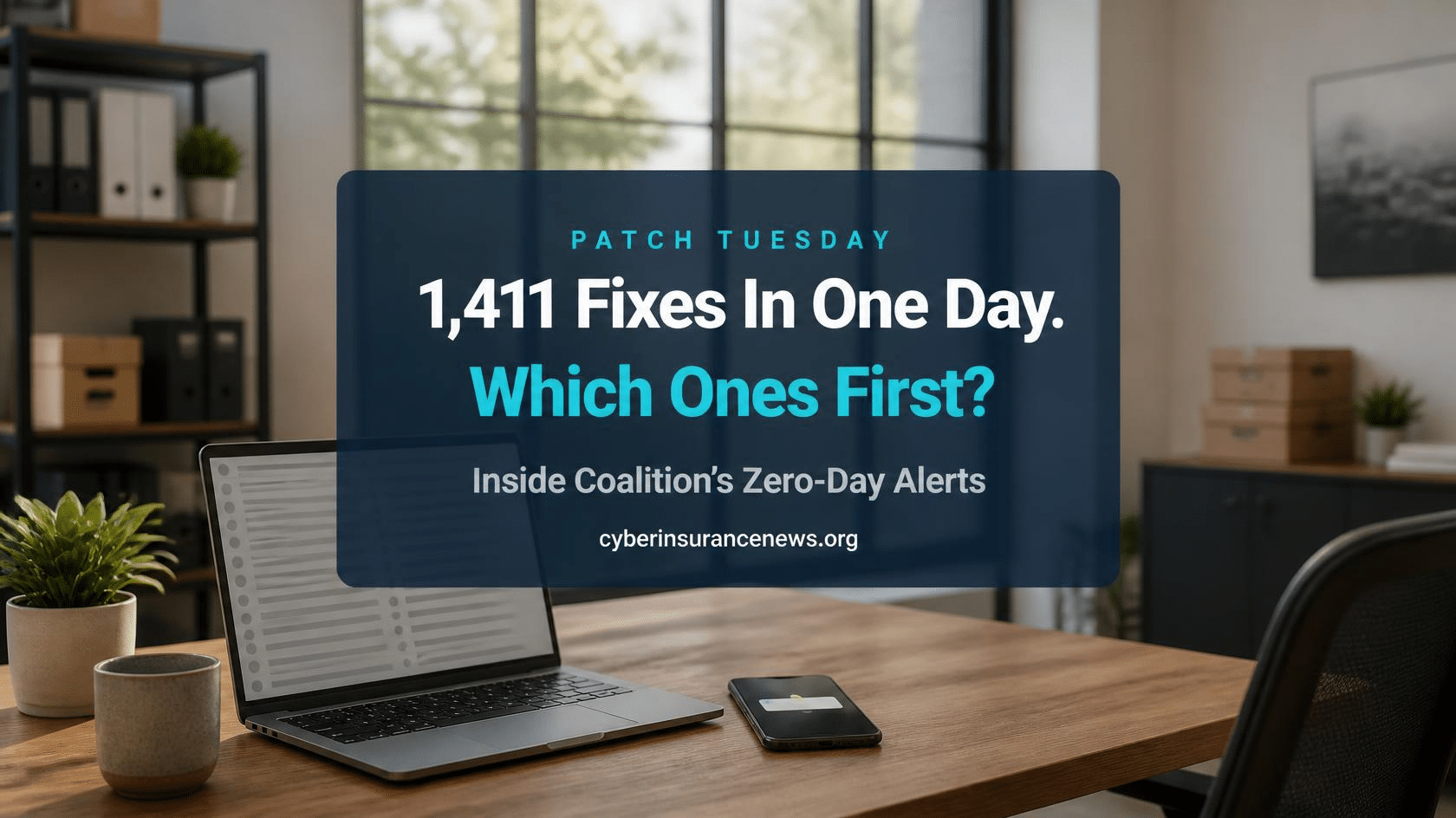 Cyber Insurance News report on vulnerability prioritization showing a laptop with a long list of updates beside a phone with a single alert